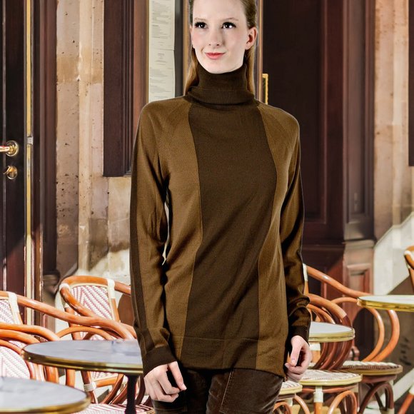 Designer Brown Two Tone Long Turtleneck Sweater - Picture 2 of 5